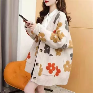 Otoño Invierno Mujeres Suéter Cuello en V Corto Suelto Tejido Cárdigan Abrigo Chaqueta - Imagen 1 de 12