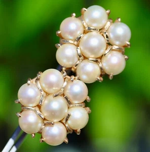 14K SOLID YELLOW GOLD 11.5GRAMS PEARL HANDMADE SCREW-ON VINTAGE CLUSTER EARRINGS - Picture 1 of 9