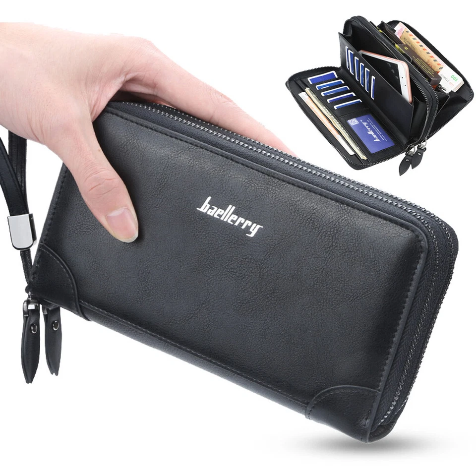 Cartera larga de cuero con cremallera para hombre con múltiples tarjeteros monedero sin asas bolso de mano regalo Foto 1 de 4