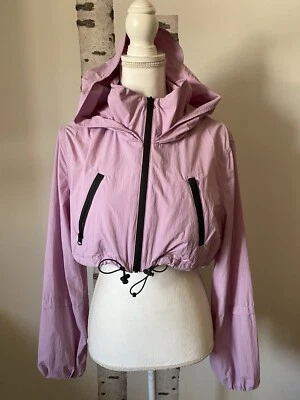 Zara Cropped Rain Jacket Women's S Purple Nylon Black Zippers Hood Drawcord - Image 1 of 4
