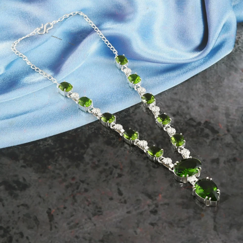 Gargantilla ajustable de cuarzo con piedras preciosas de diopsido cromado enchapado en plata collar joyería Foto 1 de 3