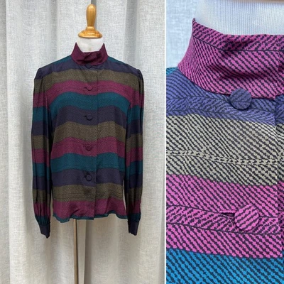 Pauline Trigere Aqua Azul Granate Verde Rayas Anchas Seda Blusa Manga Globo Foto 1 de 4