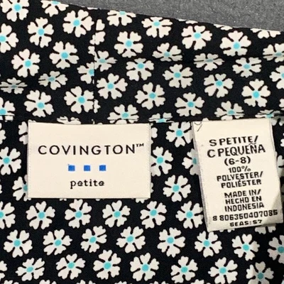 Covington Petite Floral Button Up Shirt Top Blouse Black White Blue Size S 6-8 - Image 1 of 4