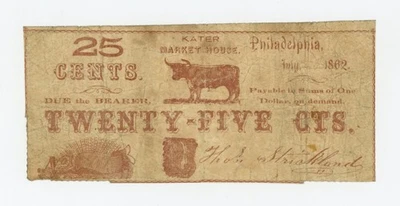 1862 25c Thos. Strickland / Kater Market House - PENNSYLVANIA Merchant Scrip - Image 1 of 2