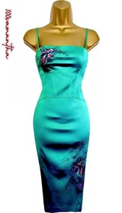 Karen Millen Size UK 10 VINTAGE STRETCH SILK CORSET MIDI PENCIL DRESS TURQUOISE - Picture 1 of 11