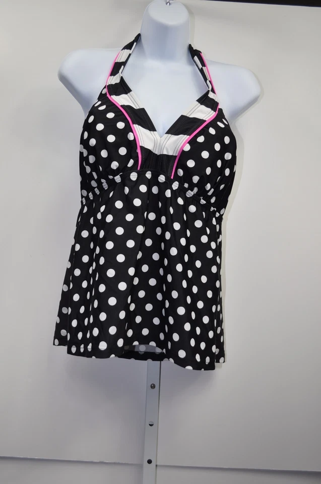 S.O. FA98T860 Tankini Top Traje de Baño Negro Blanco Lunares Rosa Halter Talla 1 $32 Foto 1 de 2
