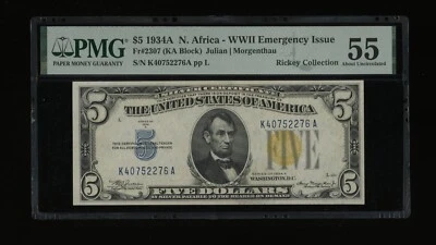 DBR 1934-A $5 Silver North Africa Fr. 2307 PMG 55 Serial K40752276A - Image 1 of 2