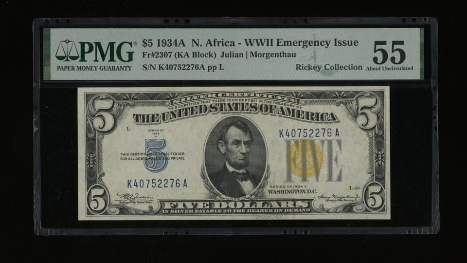 DBR 1934-A $5 Silver North Africa Fr. 2307 PMG 55 Serial K40752276A - Image 1 of 2