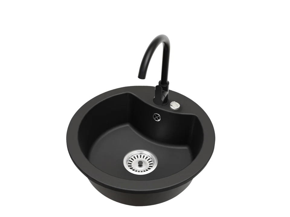 BRADO Schwarzes rundes Spülbecken Mila mit Küchenarmatur und automatischem Siphon