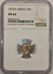 GREECE / 1874A 20 Lepta,King George I - NGC MS64 !!! - Picture 1 of 4