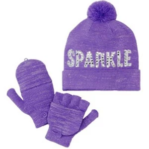 SO Girls Size Small (4-7) Purple Sparkle Pom Pom Beanie & Mitten Set NEW $26  - Picture 1 of 1