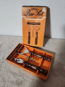 Vintage 3-Piece Bar Set Wood Handle in Original Box Never Used - Picture 1 of 7