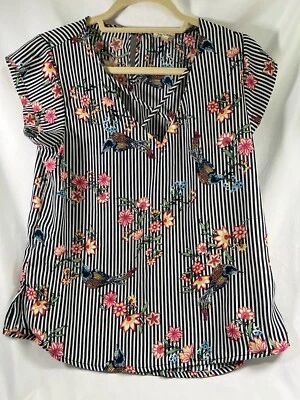 Lily White Women’s Striped Black Floral Sleeveless Blouse top V Neck Size M NWT - Image 1 of 4