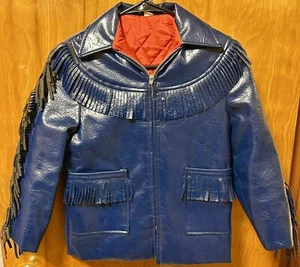Chaqueta Western Vintage Niños Azul Naugahyde Flecos - Talla 8 - Verdadera De Colección - Imagen 1 de 4