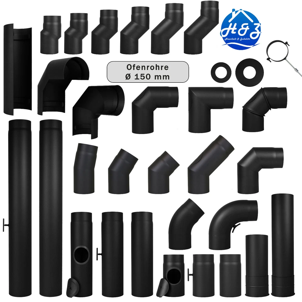 Rauchrohr Ofenrohr Ø 150 mm Verlängerung Bogen Erweiterung Reduktion Rohr Set - Bild 1 von 1