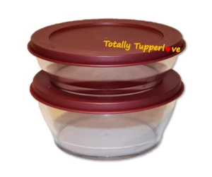 Tupperware Clearly Elegant Bowls Set of 2 Containers w/ Seals Clear Burgundy EUC - Picture 1 of 2