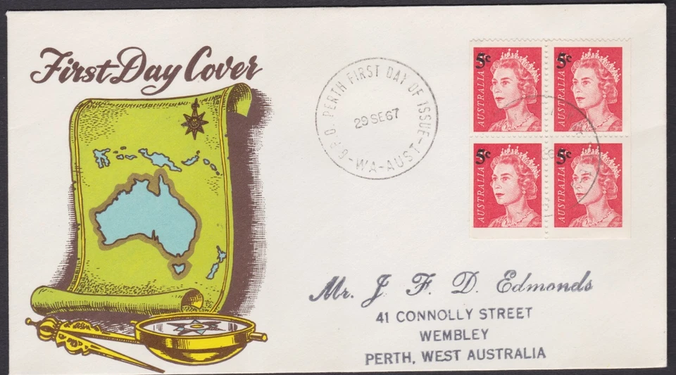 1967 Block of 4 x 5c on 4c Red QEII Stamp Australia SEVEN SEAS Generic FDC Cover - Image 1 of 1