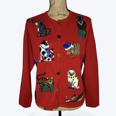 Vtg Marisa Christina Ugly Christmas Cardigan Sweater Sz M Cats Y2K Novelty NEW - Image 1 of 4