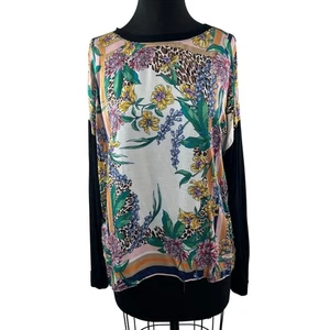 HALE BOB Black Multi Top Floral Round Neck Drop Shoulder Pullover Size Large L - Picture 1 of 8