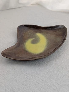 Abstract Enamel Copper Dish/ Ashtray Brown & Yellow Handmade Vintage - Picture 1 of 8