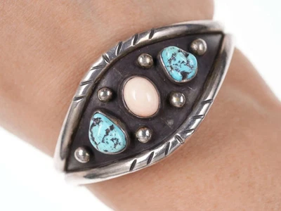 6" Vintage Native American Sterling Turquoise and coral Cuff bracelet - Image 1 of 4