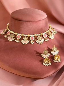 Gold Plated Pink & White Enamelled Kundan Studded Choker Set with Pearl Details - Picture 1 of 5