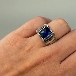 Mens Plain Real 925 Sterling Silver Hip Hop Blue Cubic Zirconia Crystal Ring - Picture 1 of 12