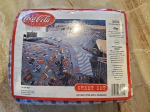 NEW Coca Cola Queen Sheet Set Flat Fitted 2 Pillowcases Ice Cold Plaid - Picture 1 of 10