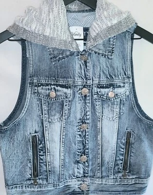 Girls Large Denim Western Vest With Grey Hood By Vanity NWT - Image 1 of 4