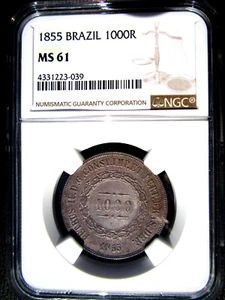 1855 Brazil 1000 Reis, NGC MS 61, 039 - Picture 1 of 3