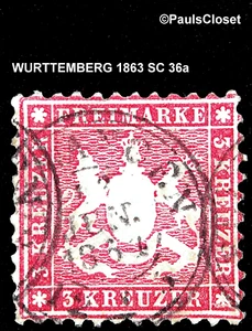 WURTTEMBERG 1863 SC 36a 3kr DK CLARET PERF 10 USED NO GUM F/VF SEE PHOTOS - Picture 1 of 2