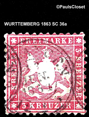 WURTTEMBERG 1863 SC 36a 3kr DK CLARET PERF 10 USED NO GUM F/VF SEE PHOTOS - Image 1 of 2