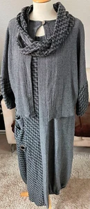 TUSSO 3tlg Damen Ensemble Kleid & Jacke &Schal L Grau mit Schwarz Lässig & Leger - Bild 1 von 24