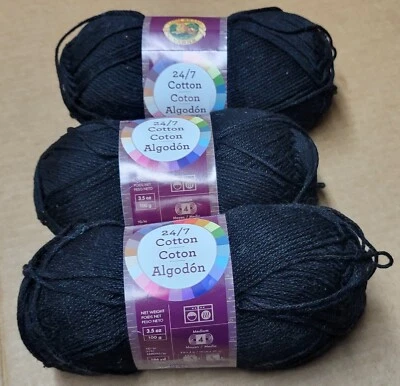 Lion Brand 24/7 Algodón x3 Negro 3.5oz 186yds 100% Algodón #4 Hilo Peinado Foto 1 de 4