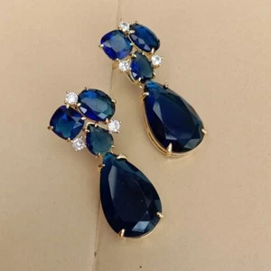 1.6" Blue Crystal Cz Stud Drop Earrings Gold Plated Stone Earring Jewelry - Picture 1 of 5