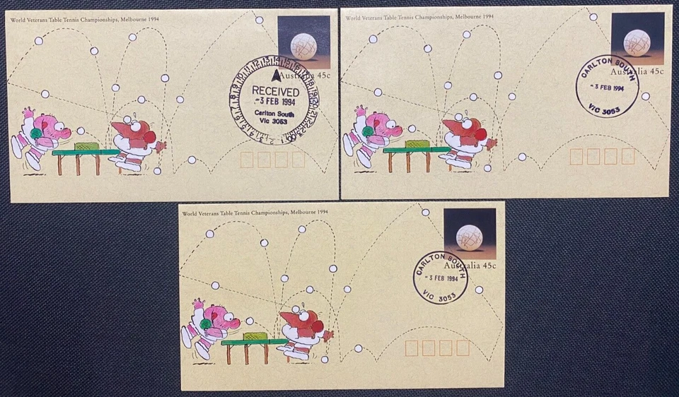 3 x 1994 World Veterans Table Tennis PSEs With Different Carlton South Postmarks - image 1 of 1