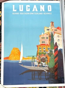 Lugano Original Authentic 1950 Swiss Travel Poster by Daniel Buzzi on linen exce - Bild 1 von 5