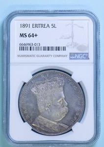 COLONY ERITREA UMBERTO I 5 LIRE 1891 RARE SILVER SILVER FDC SLAB MS64+ NGC - Picture 1 of 2