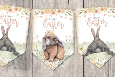 Estilo Floral Feliz Pascua Conejo Bunting Fiesta Guirnalda Bandera Decoración Foto 1 de 4
