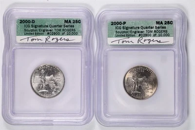 Set of 2000-P & D 25C MA Statehood Quarters ICG #2900/10000 Tom Rogers Signature - Image 1 of 4