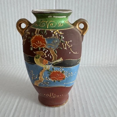 Jarrón de porcelana decorativo pintado a mano japonés vintage flores de pájaro 5" de alto Foto 1 de 4