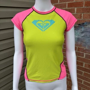 ROXY GREEN PINK LOGO RASH GUARD SWIM TOP SIZE SMALL SURF BEACH - Picture 1 of 5