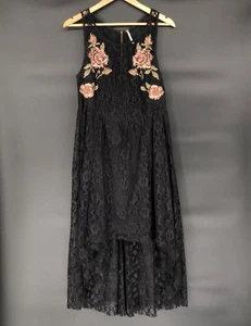 Free People abito midi alto basso pizzo punto croce floreale L nero trasparente bohemien - Foto 1 di 13