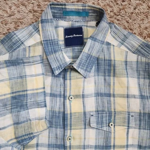 Camisa Tommy Bahama de lino azul amarillo a cuadros para hombre L manga corta con botones - Imagen 1 de 7
