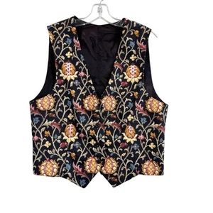 Vintage 90s Handmade Medium Floral Vest Cotton Black Flowers - Picture 1 of 4