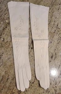 Neu Vintage Gr. XS/S 6,5 creme dünne Wildleder formelle 16,5" lange Handschuhe Ösen bestickt - Bild 1 von 13