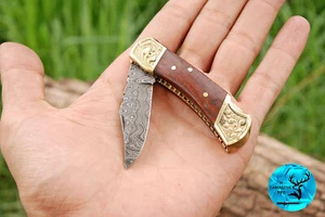 DAMASCUS STEEL FOLDING BLADE POCKET KNIFE / HAND MADE W/ WOOD HANDLE 1252 - Picture 1 of 5