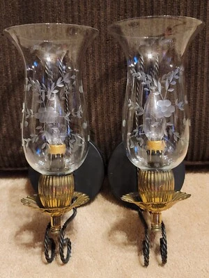 Vintage Spanish Revival Blk Wrought Iron Brass Wall Mount Sconce Fixtures Lights - Image 1 of 4