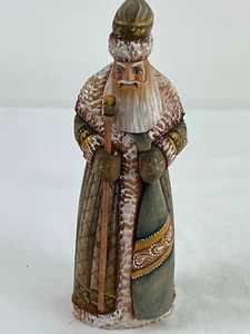 Russian Carved Wooden Santa Figurine With Staff And Intricate Painted Details - Picture 1 of 6
