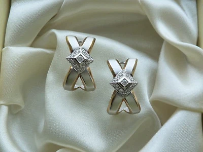 14K WHITE & YELLOW GOLD  DIAMOND EARRINGS OMEGA BACK - Image 1 of 4